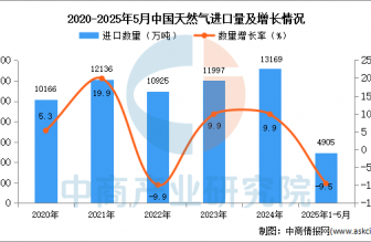 2025年1-5月中國天然氣進口數(shù)據統(tǒng)計分析：進口量同比下降9.5%